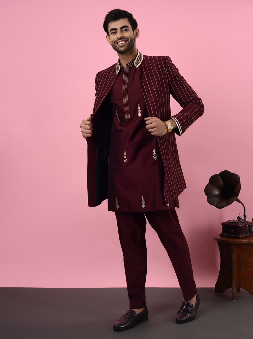 Dress elegantly for events with this Wine Indowestern, showcasing luxurious Silk Blend and detailed kasab work, perfect for the stylish individual in the USA.