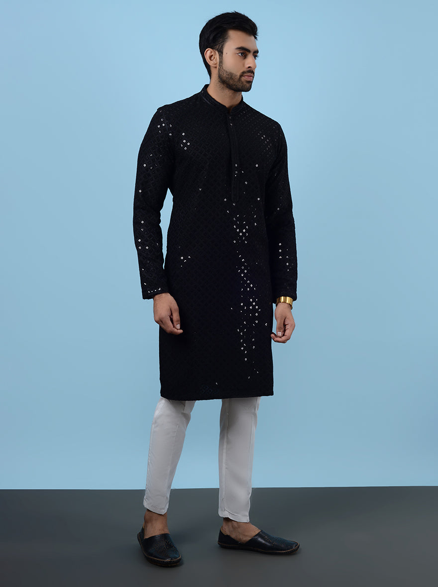 Discover luxury and style with this fashionable Black Kurta Pajama for men.