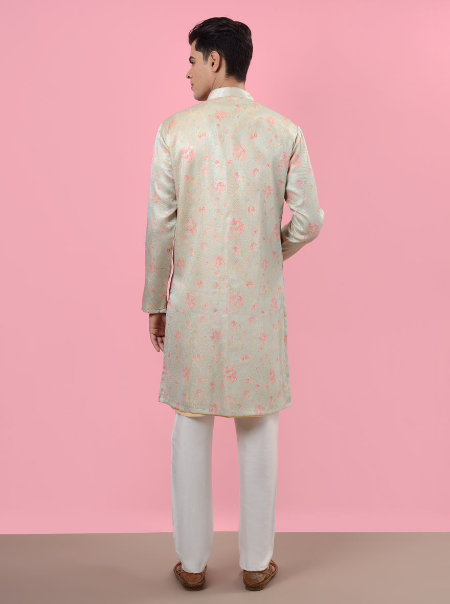 Unique cream & blue kurta pajama made of silk blend, perfect for festive occasions and gatherings across the USA.