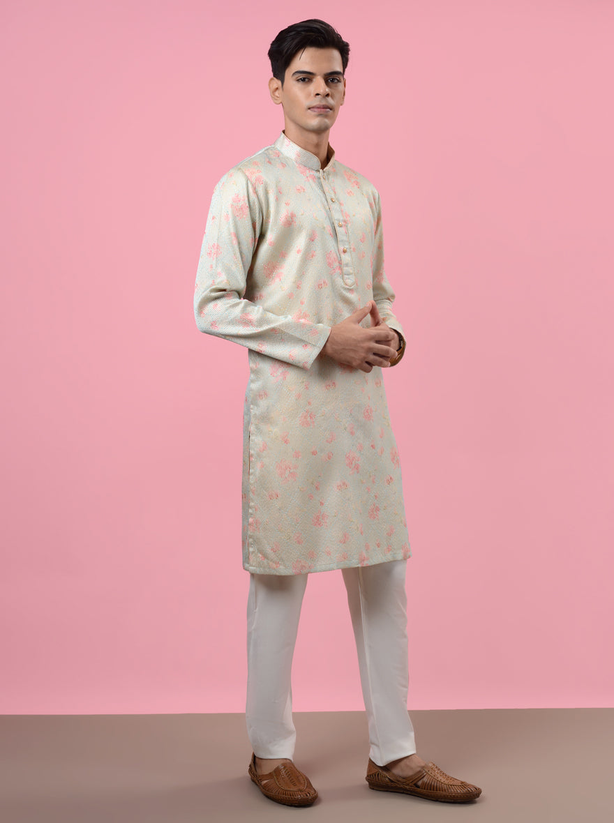 Chic cream & blue kurta pajama for men, crafted in silk blend, ensuring comfort and style for pre-wedding events in the USA.