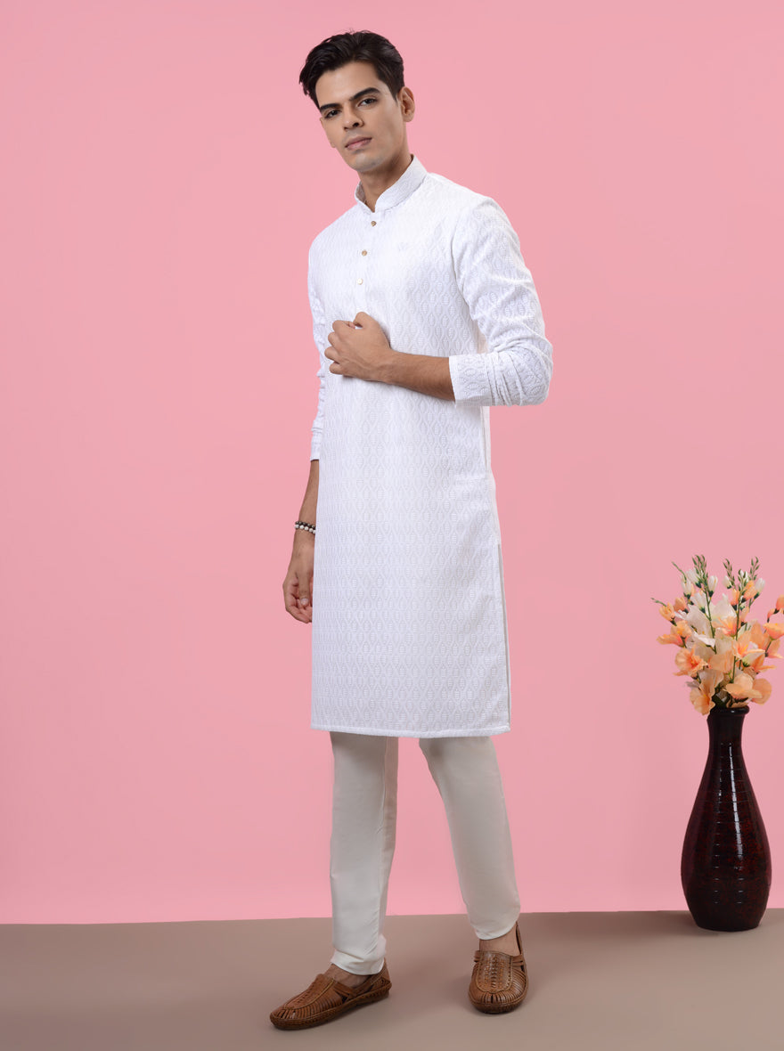 Elegant white kurta pajama in silk blend, perfect for enhancing your traditional wardrobe for festive events in the USA.