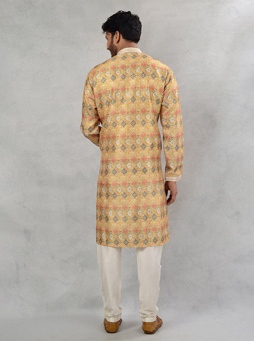 Discover the charm of this yellow silk blend kurta pajama, ideal for festive occasions in the USA.