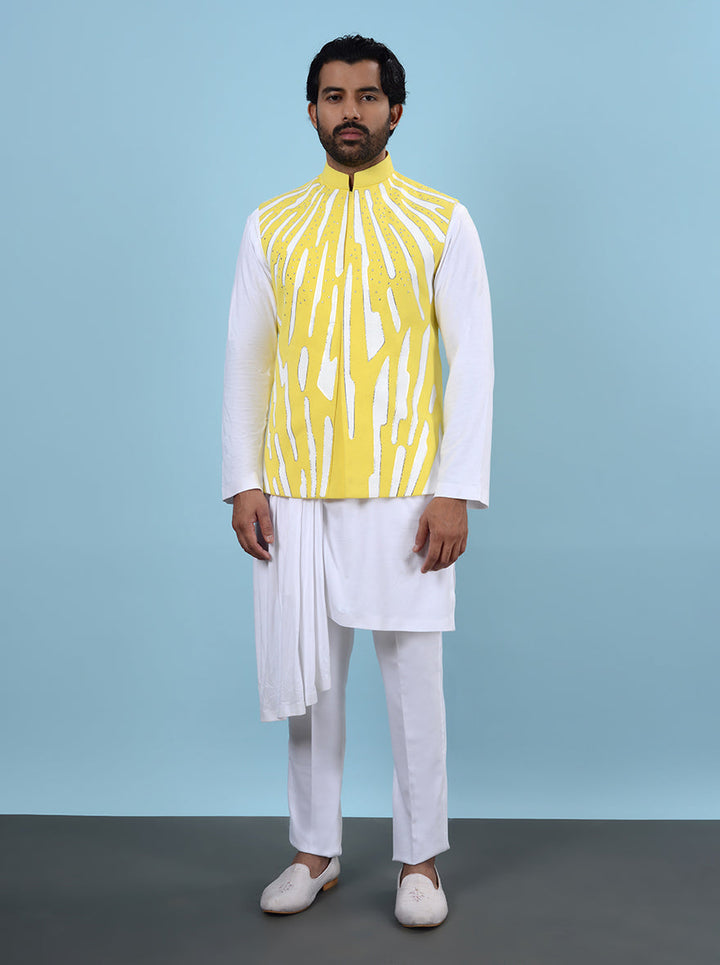 Elevate your festive wardrobe with this vibrant Yellow & White Kurta Set designed for celebrations.