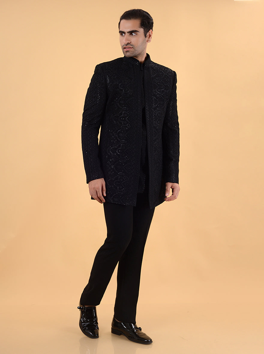 Men’s embroidered black georgette Indo Western kurta, stylish sangeet wear