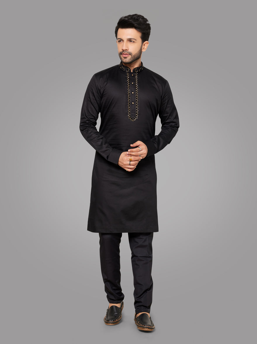 Black Kurta Pajama Set for men with elegant embroidery and silk blend fabric.