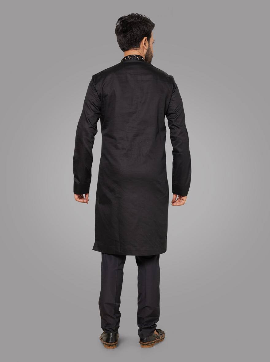 Elegant Black Silk Blend Kurta Pajama Set for men, perfect for festive occasions.