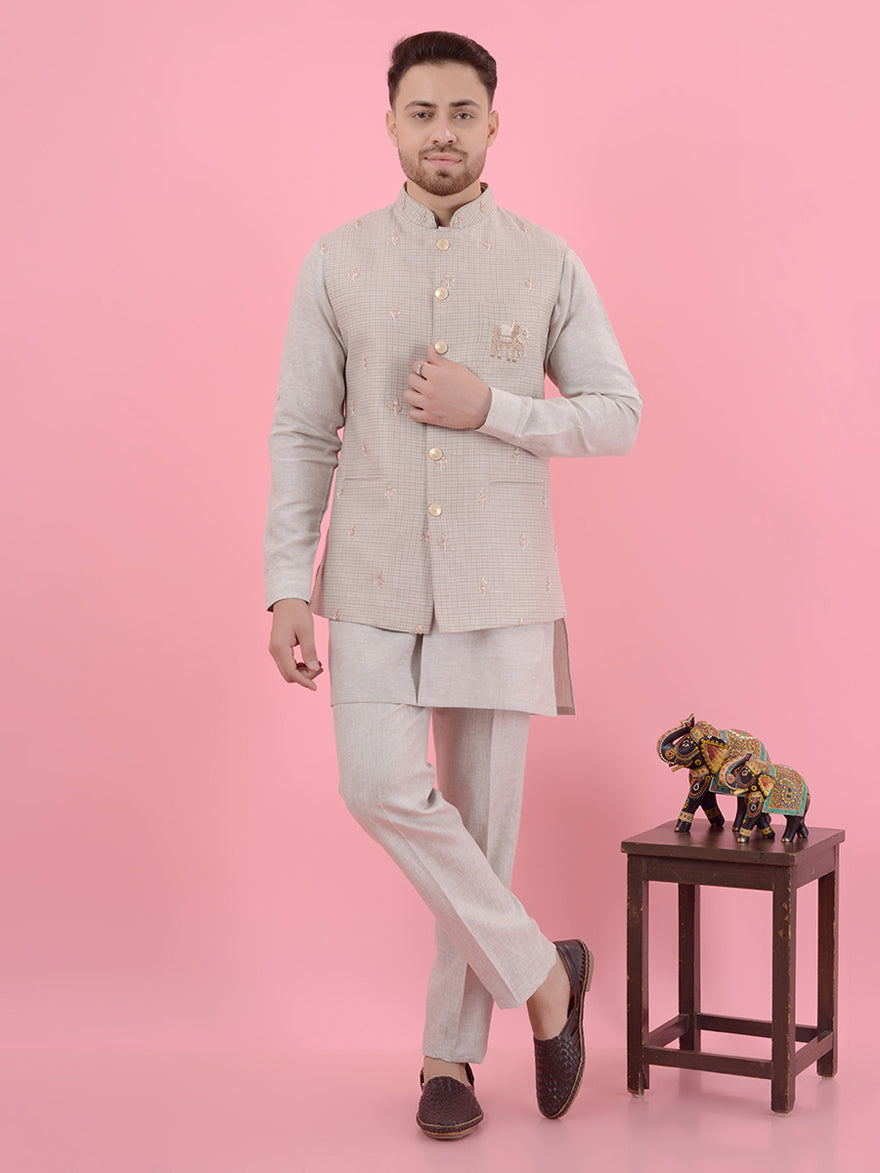 Stylish beige kurta pajama for men, crafted for formal events and special occasions in the USA.