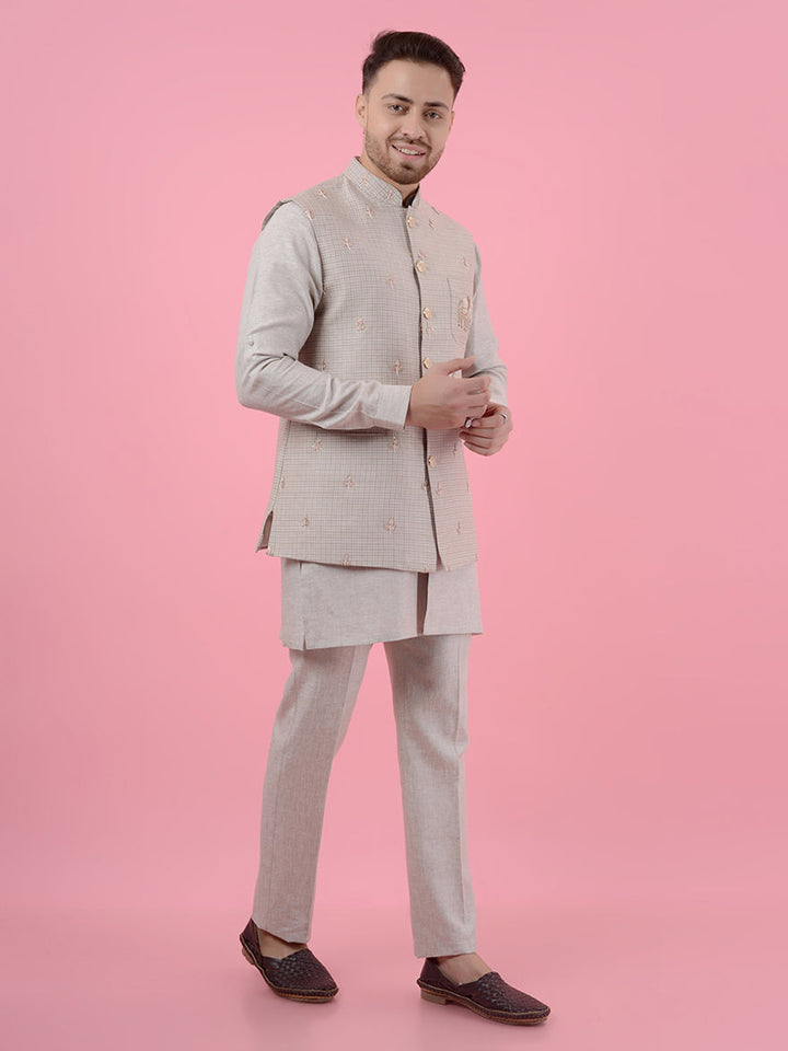 Elegant natural beige kurta set with koti, perfect for adding sophistication to your wardrobe in the USA.