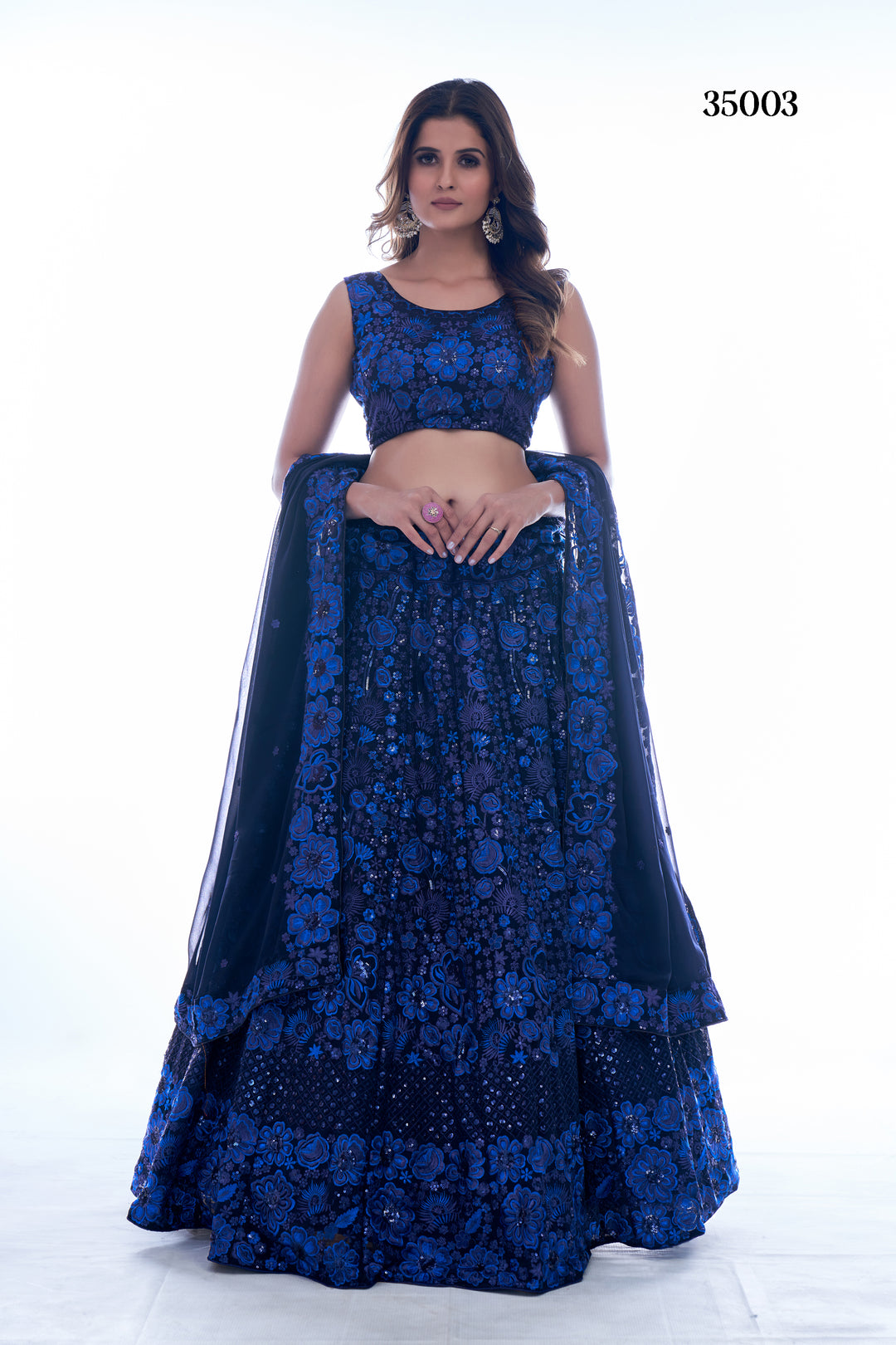 Elegant Navy Blue Georgette Lehenga Set | Intricate Thread Work & Sequins