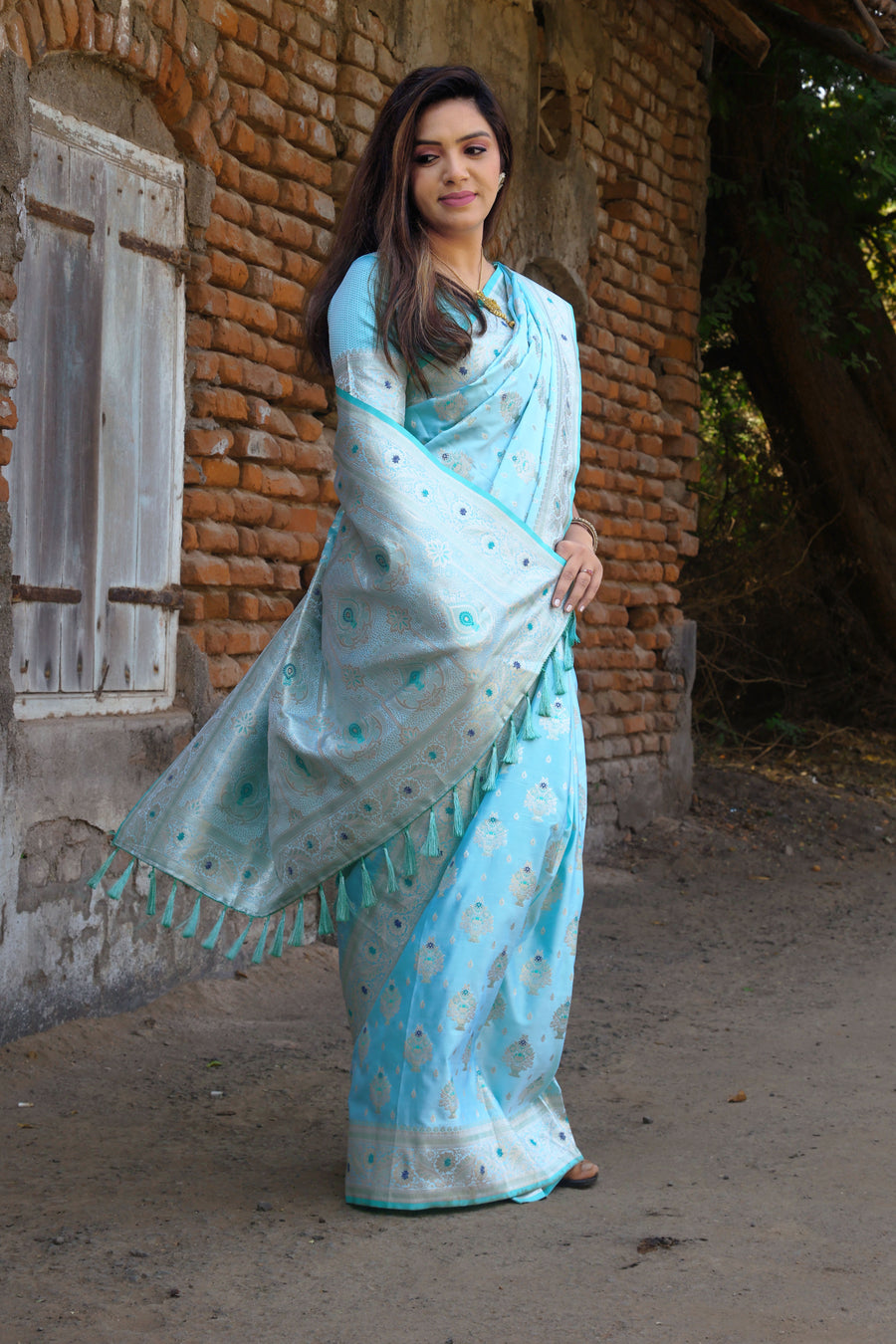 Sky-Blue Pure Kanjivaram Soft Satin Silk Saree with intricate designer borders for a graceful look.