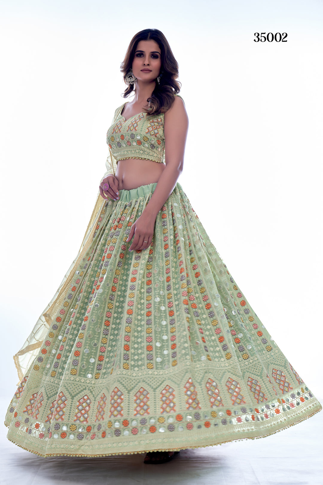 Elegant Pista Green Georgette Lehenga Set | Floral & Geometric Design with Sequins