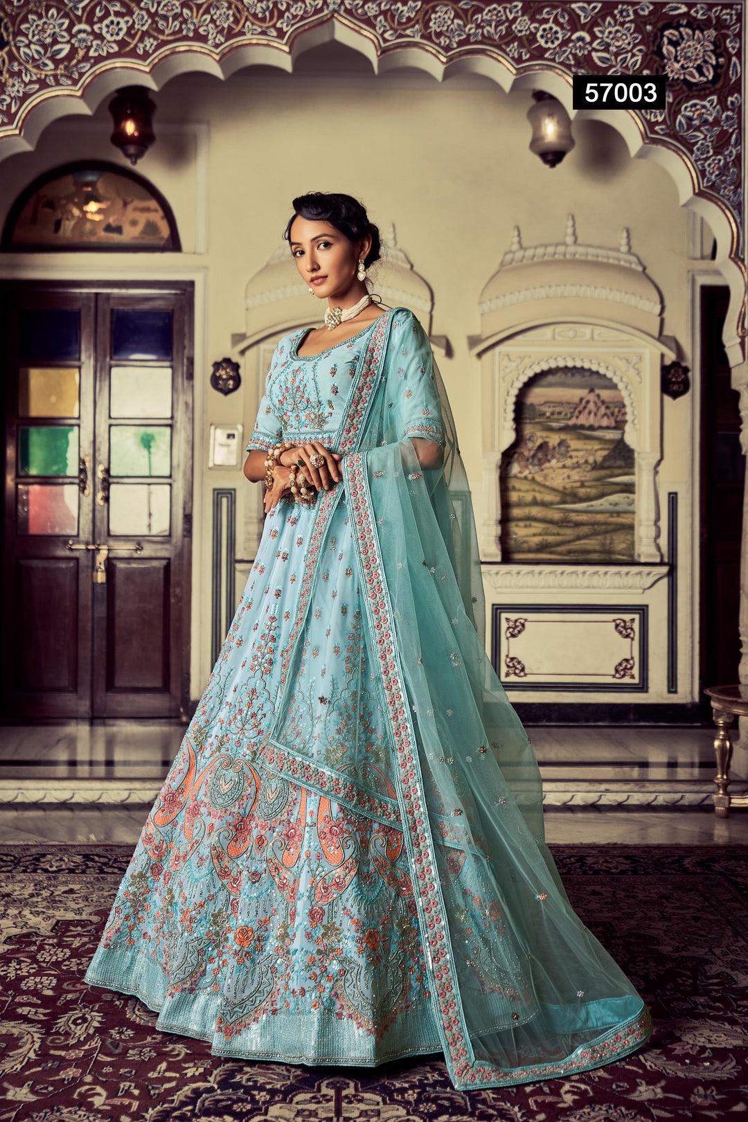 Turquoise Georgette Embroidered Lehenga | Thread & Sequins Work with Dupatta