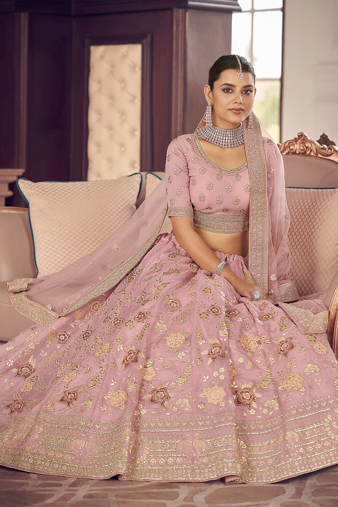 Enchanting Pink Organza Lehenga | Zarkan & Gota Work for Weddings