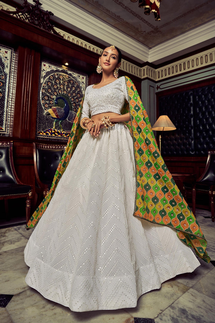 Off-White Georgette Lehenga Choli | Party Wear with Multicolor Dupatta