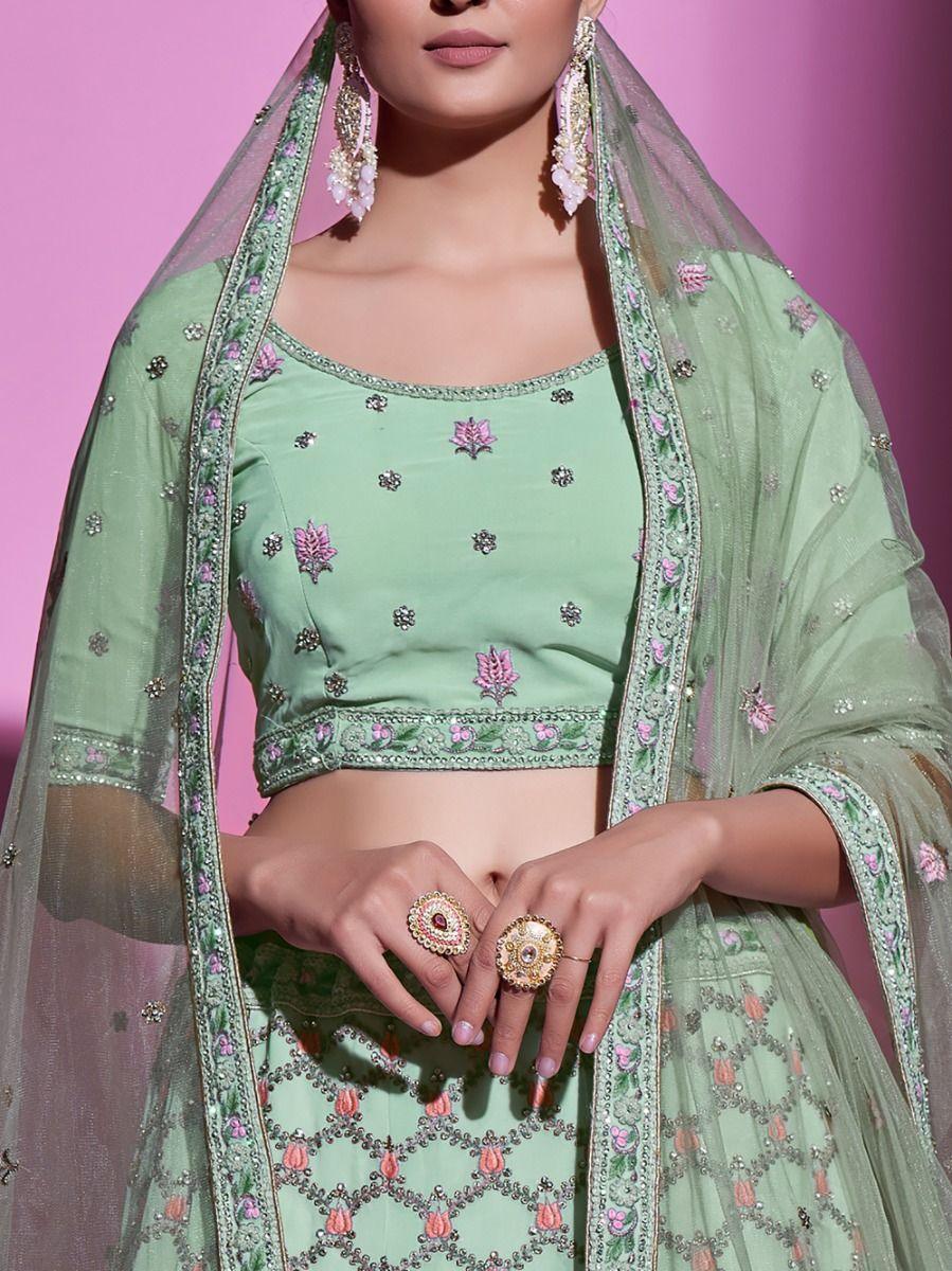 Pista green lehenga choli with gota silk and thread embroidery.