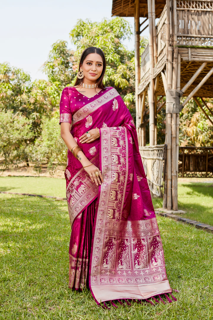 Luxurious wine satin Kanjivaram saree with traditional elephant border design, perfect for weddings and cultural events.