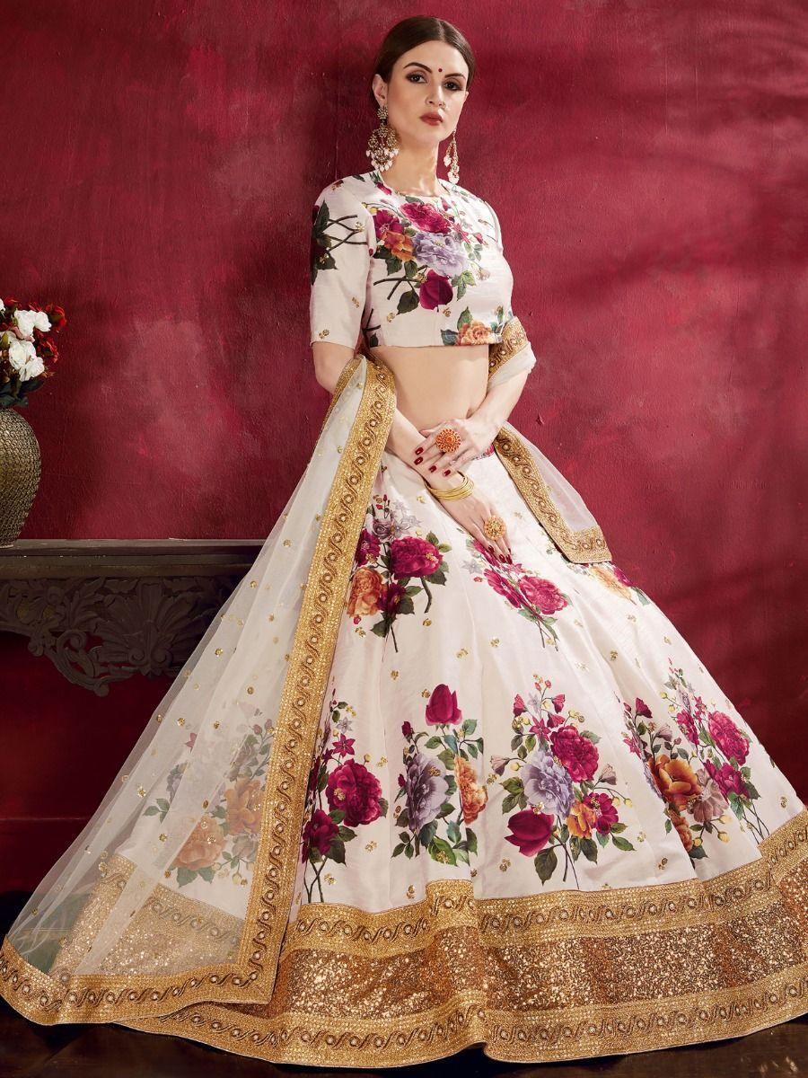 Banglori silk wedding lehenga with floral print and zari work