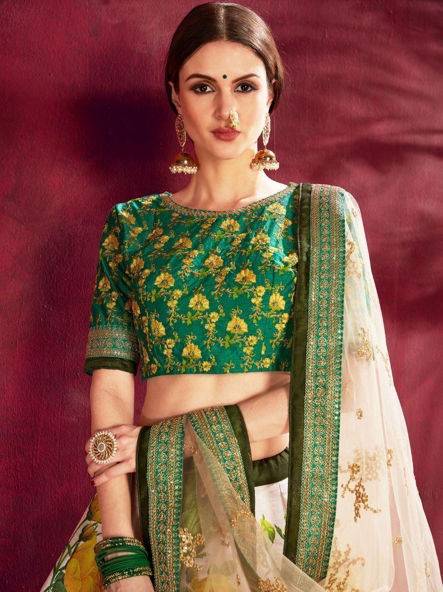 Elegant cream-green lehenga with sequins work and lace border dupatta