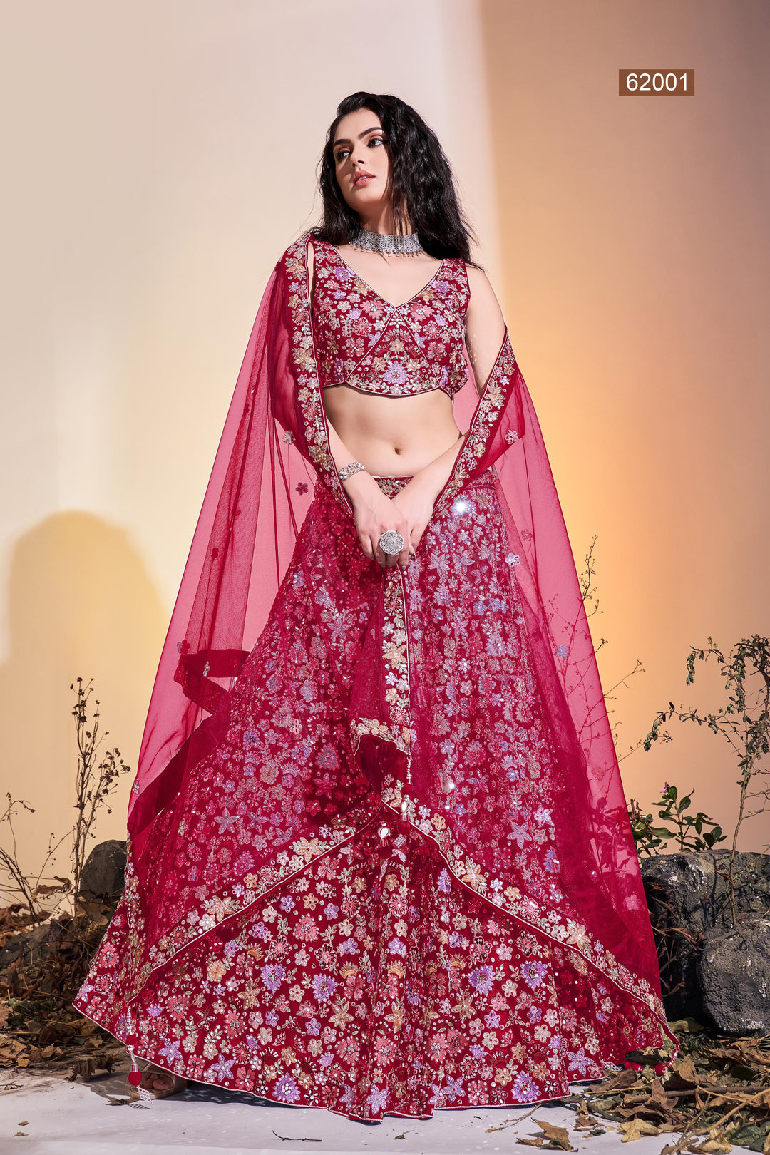 Elegant Handwork Soft Net Lehenga | Bridal Outfit with Thread Details