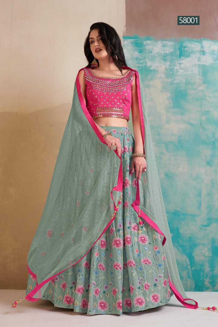 Wedding Chinon Lehenga | Tassels and Patch Border Party Outfit