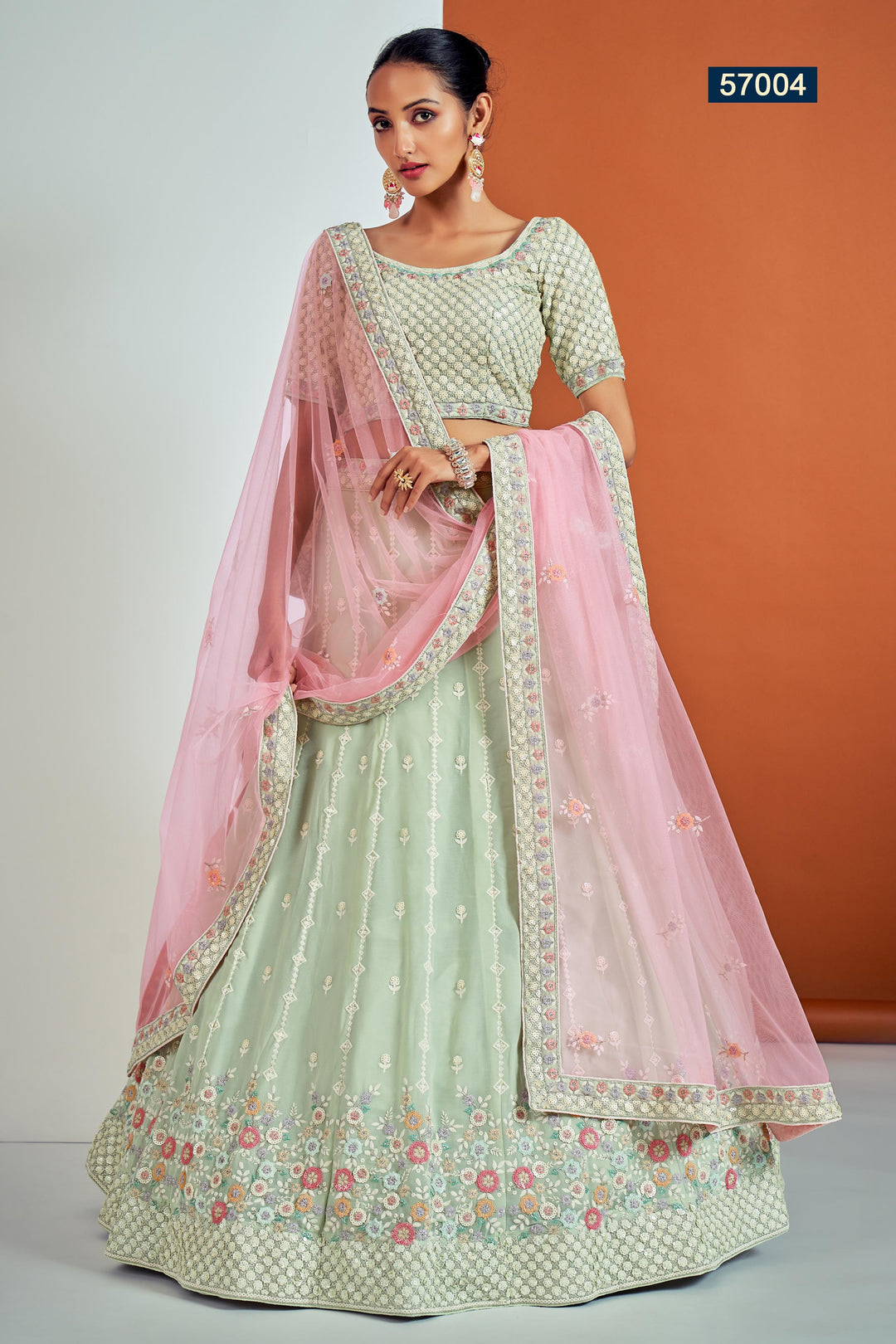 Pista Green Georgette Lehenga Choli | Indian Lehenga Choli Set with Dupatta