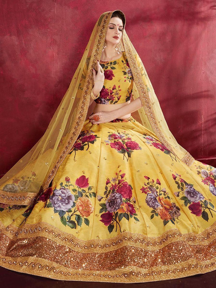 Chic Yellow Lehenga Choli | Floral Print, Sequins & Lace Border Dupatta