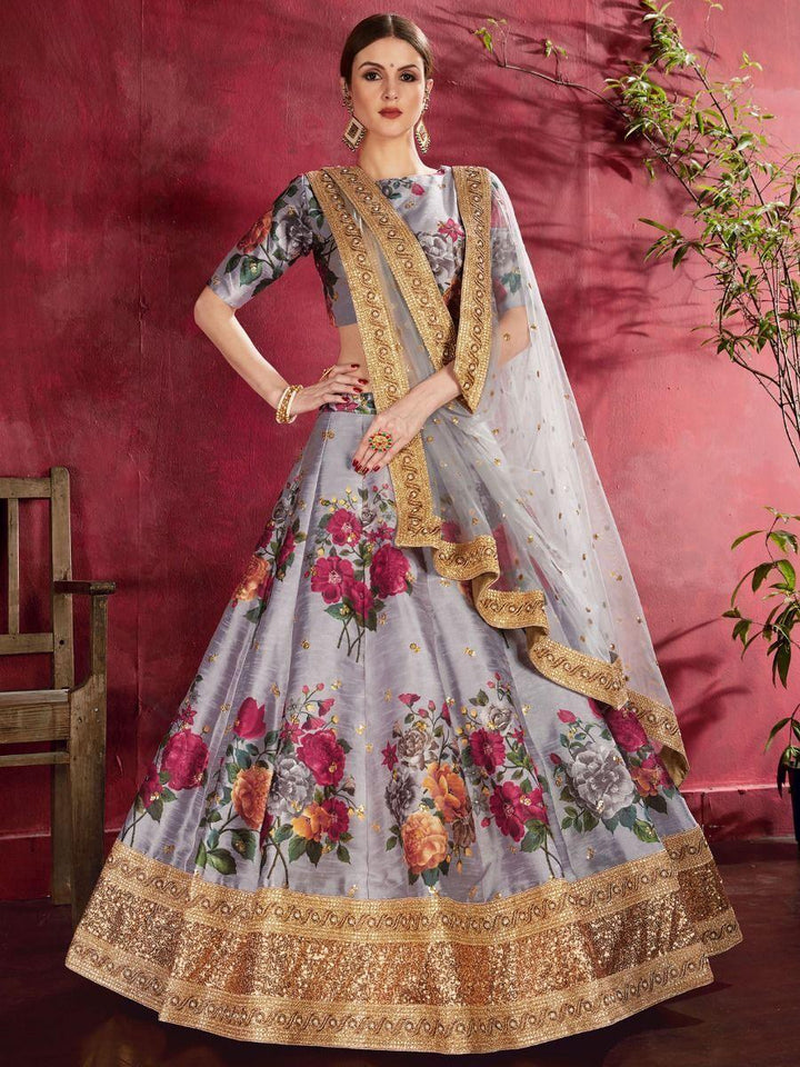 Beautiful Grey Lehenga | Floral Print & Sequins Work with Lace Border Dupatta