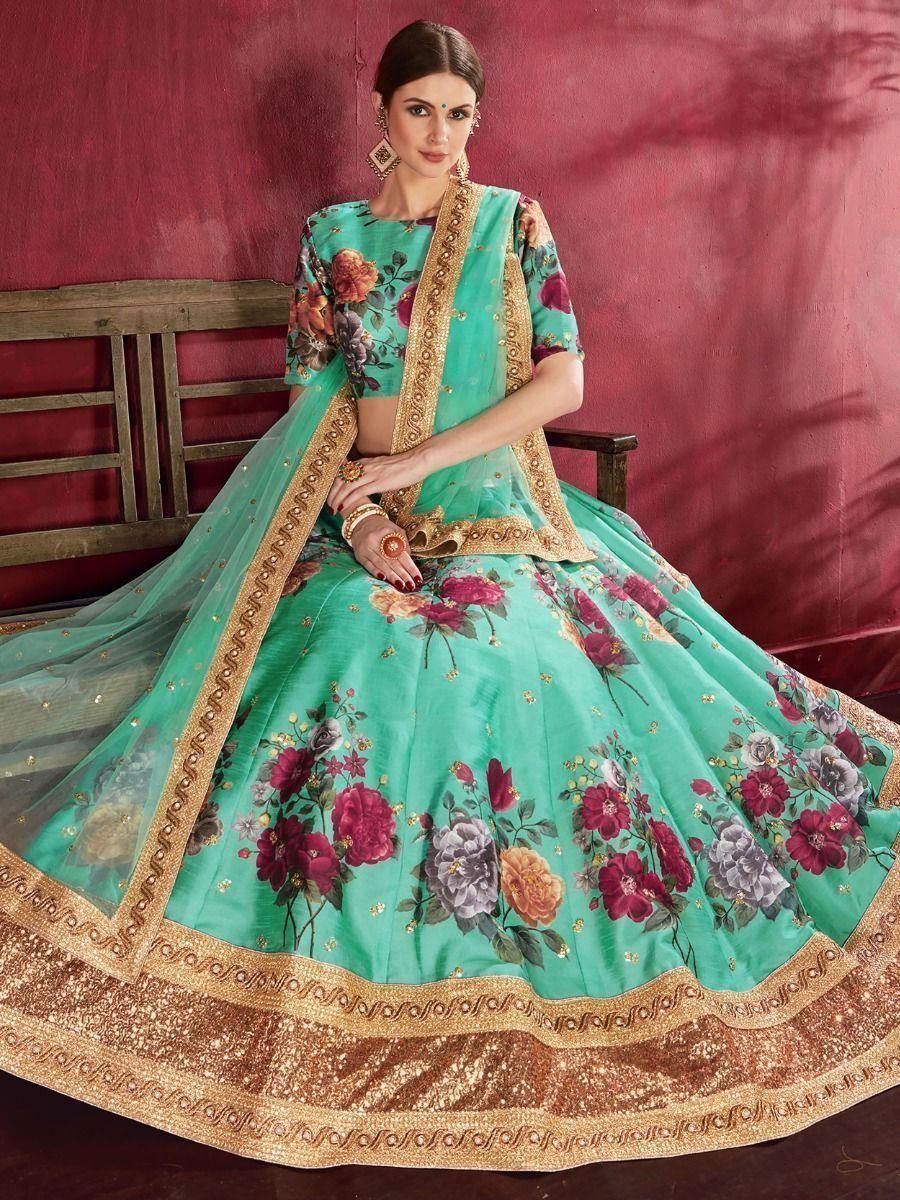 Glamorous Green Lehenga | Banglori Silk with Floral Print & Sequins for Weddings