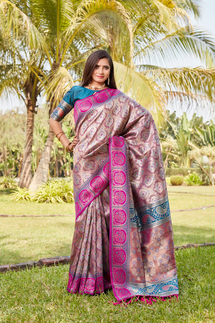 Timeless bright-pink Kanjivaram soft silk saree with rich pallu and intricate work for grand celebrations.