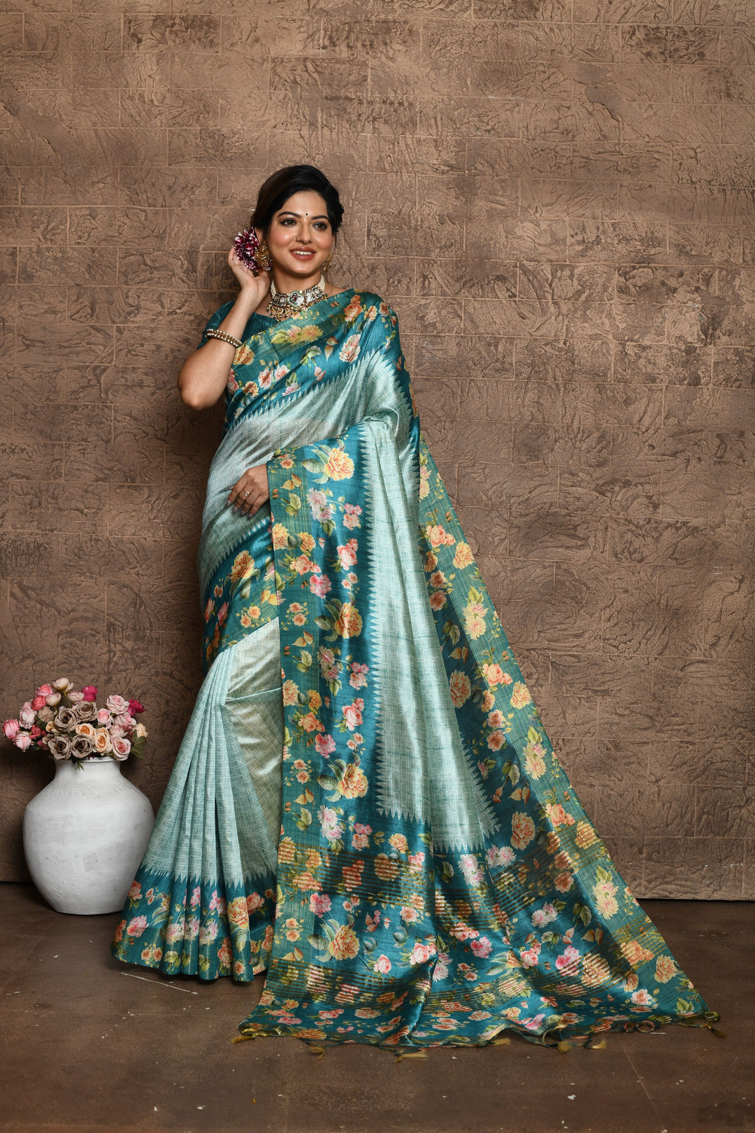 Elegant soft Tussar silk saree with all-over print and contrast floral pallu