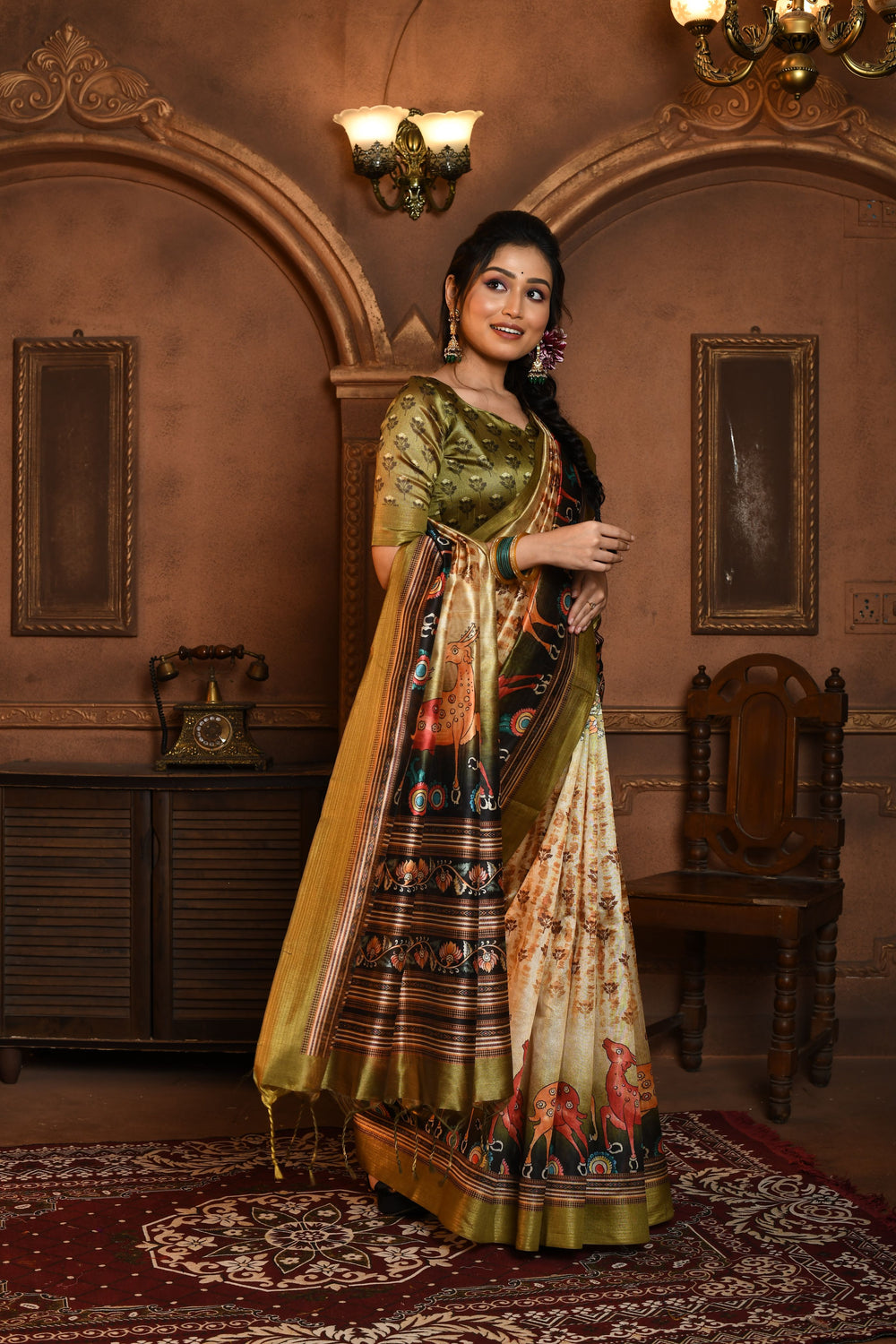 Elegant olive Kalamkari Tussar silk saree, a blend of tradition and style with contrast blouse.