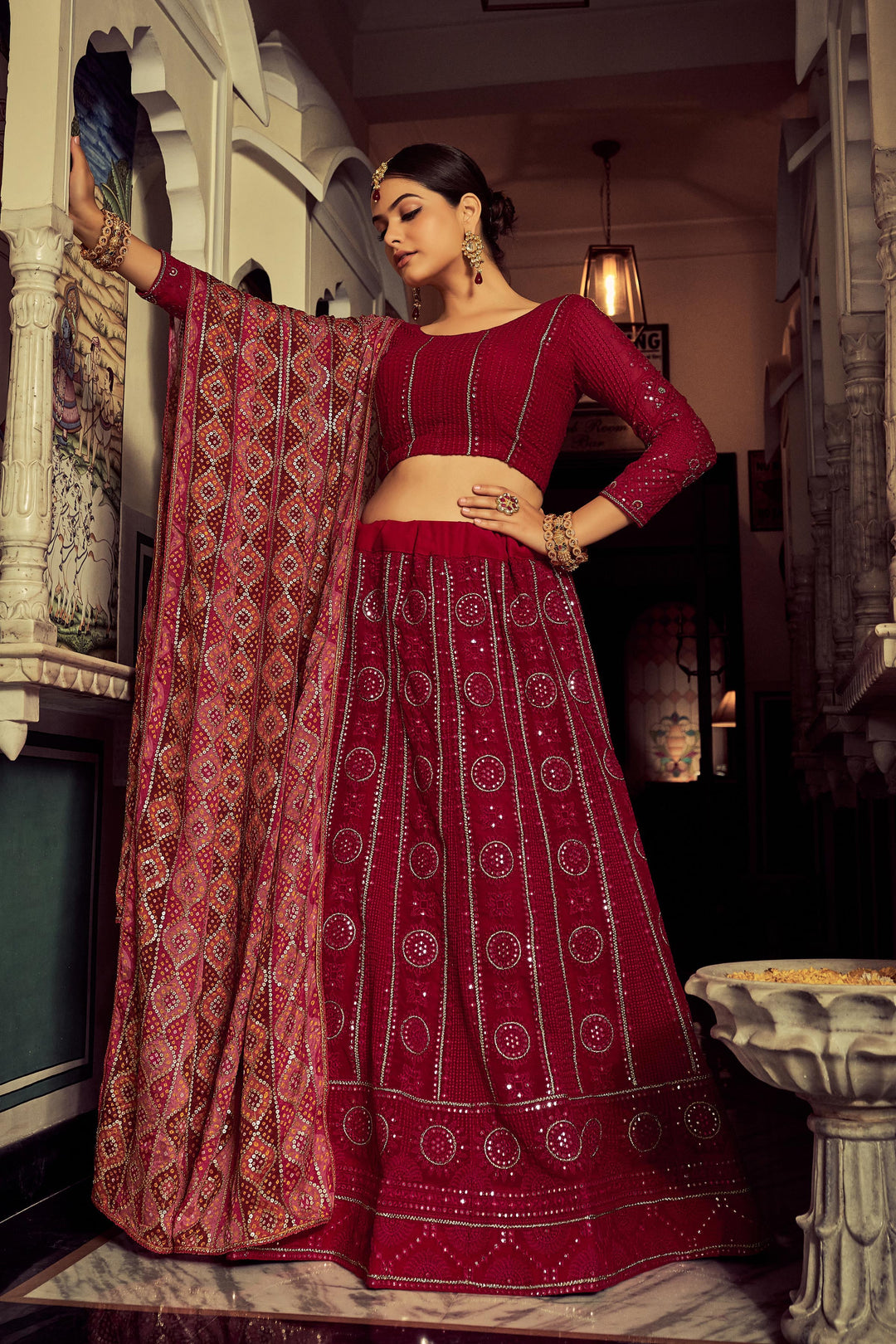 Red Georgette Embroidery Lehenga Choli | Zari & Thread Work Design