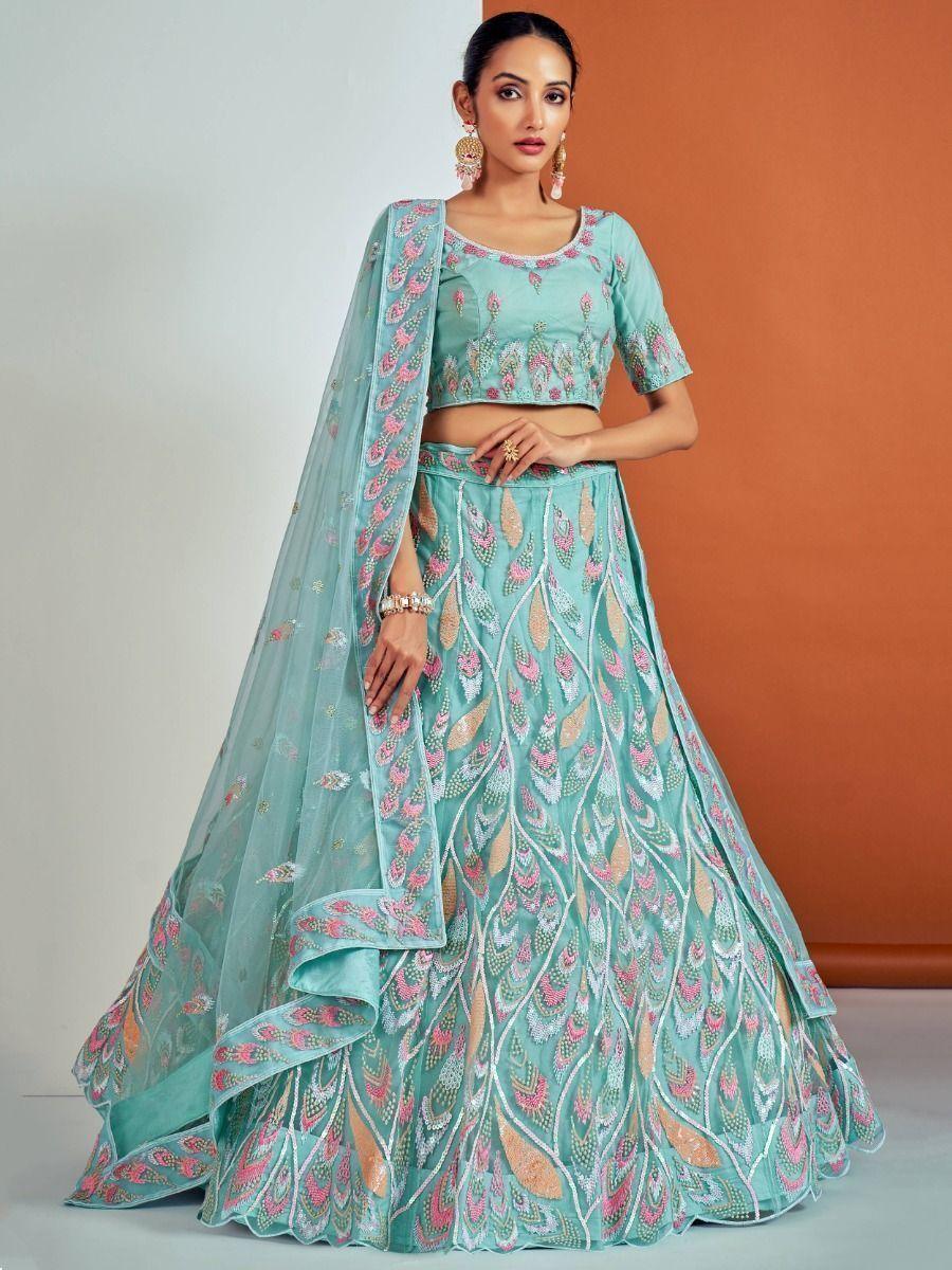 Exquisite Turquoise Lehenga Choli | Soft Net with Dori & Zarkan Work