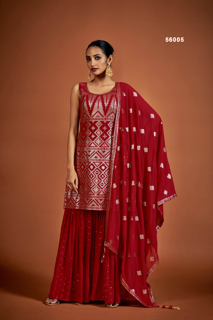 Red Georgette Salwar Suit | Glamorous Sequins Ethnic Outfit