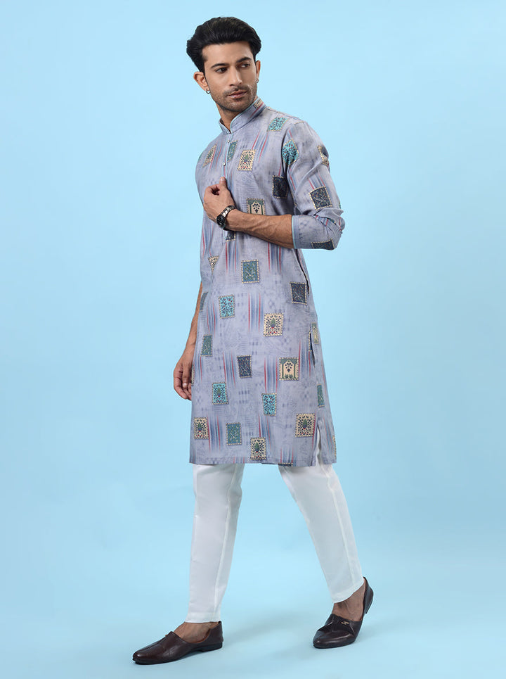 Stylish grey silk blend kurta pajama set for men, crafted for ethnic wear and festive celebrations.