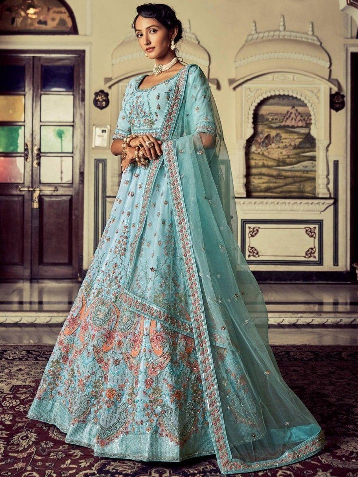 Turquoise Lehenga | Georgette Material with Zarkan & Glitter Zari Embroidery