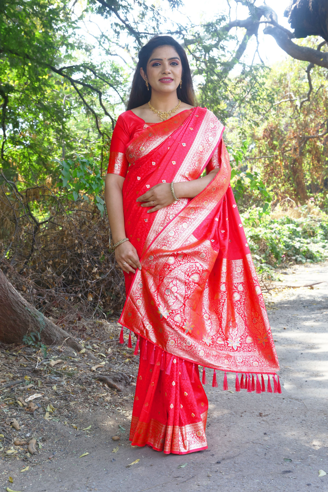 Gorgeous red Kanjivaram silk saree featuring radiant shine and intricate weaving, ideal for weddings and celebrations.