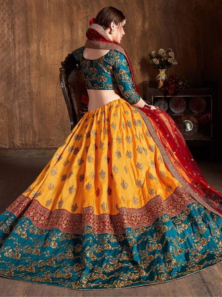 Banarasi Silk Lehenga Set | Teal & Yellow with Maroon Dupatta