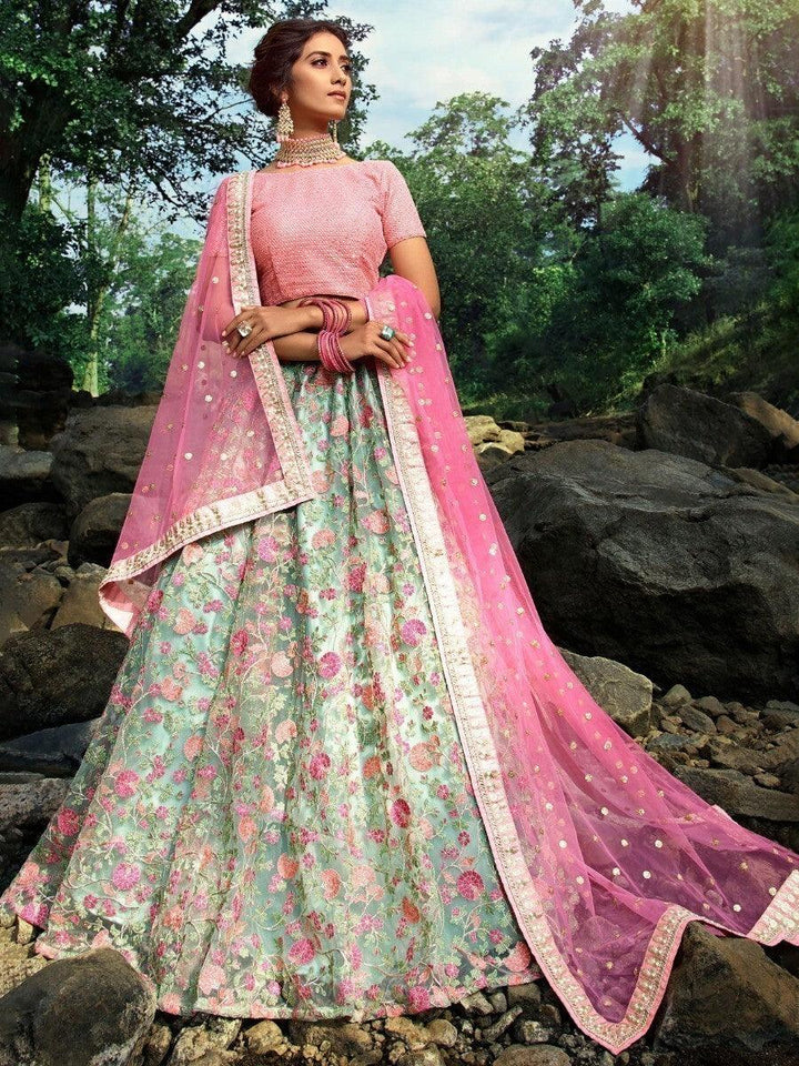 Graceful Green Thread Embroidered Lehenga Choli | Pink Choli & Dupatta Set