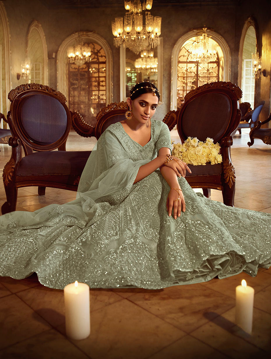 Green Soft Net Lehenga with Dori and Zarkan Work | Elegant Bridal Wear