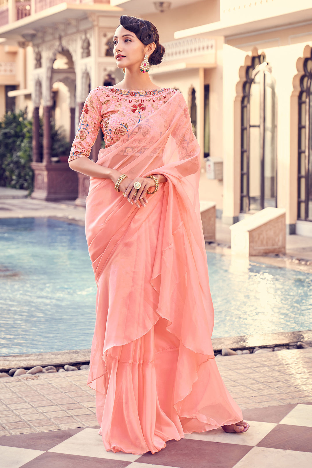 Elegant Ruffled Organza Saree | Indian Wedding Saree in Peach