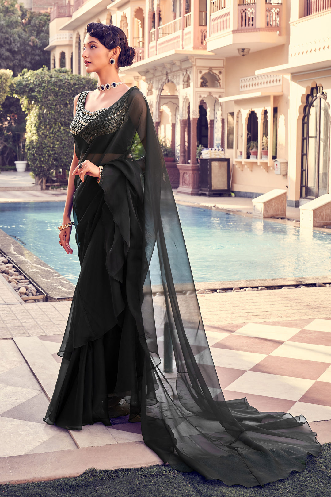 Black Georgette Sequins Party Saree | Trendy Ruffled Sari