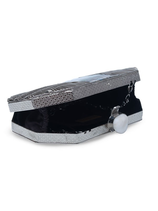 Misha Silver Mother of Pearl Clutch | Elegant Designer Evening Bag