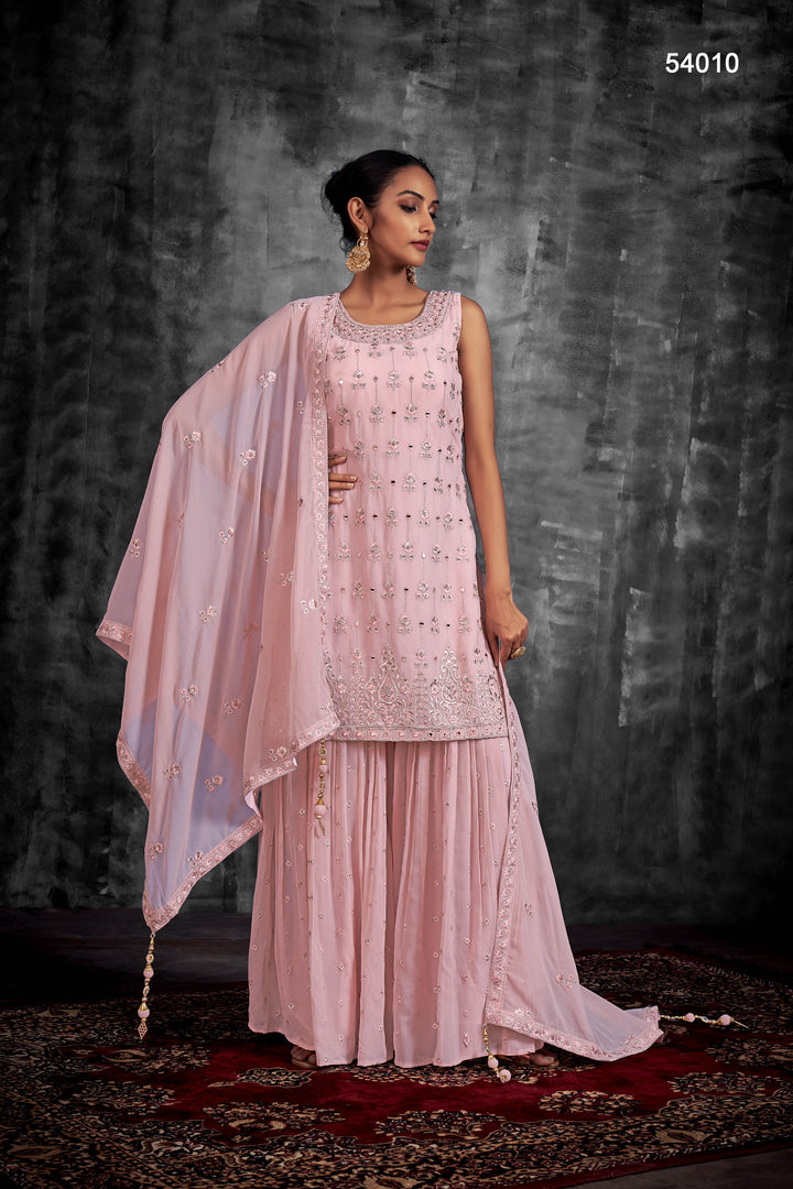 Georgette Readymade Sharara Suit | Embroidered Partywear Kurta Set