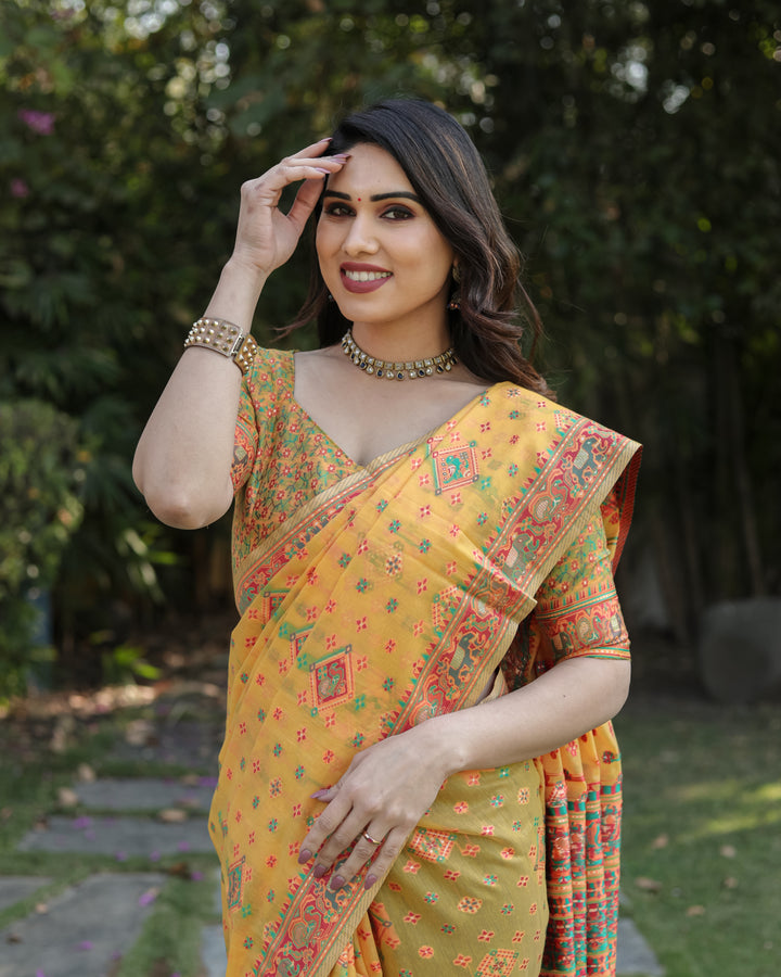 Elegant Yellow Pashmina Cotton Saree featuring grand woven Pallu, ideal for traditional occasions.