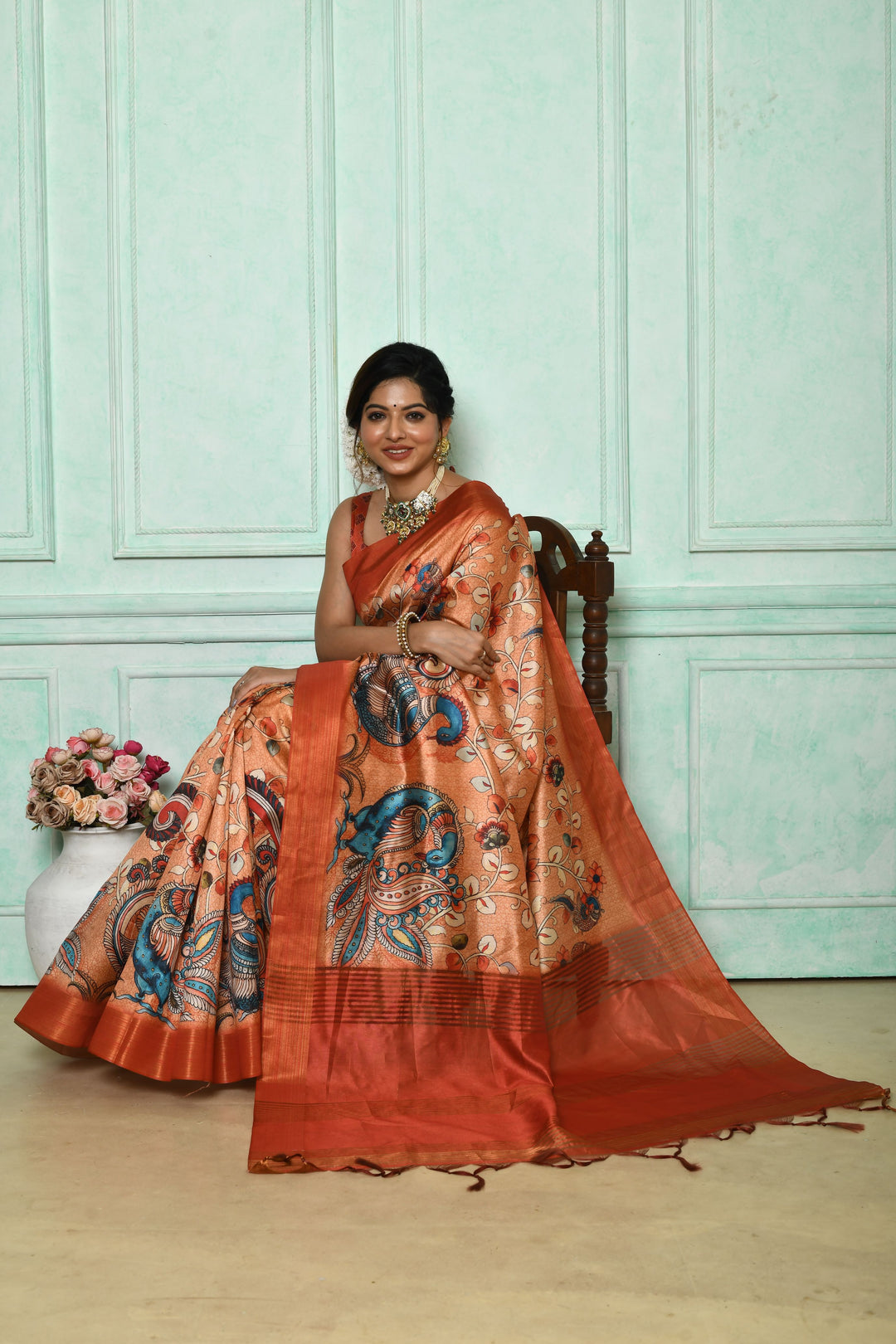 Premium Ghicha Tussar silk saree with Kalamkari print and soft zari pallu