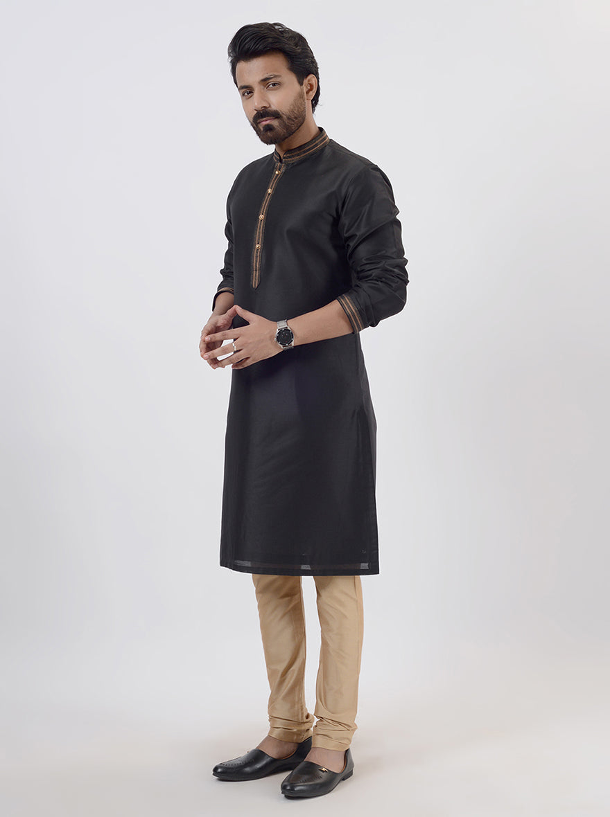 Traditional black kurta pajama for men, crafted from premium silk blend for comfort and style.