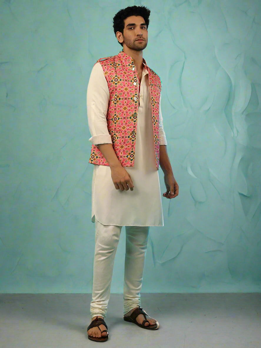 Traditional White Kurta Set | Rayon Kurta with Cotton Bottom and Satin Jacket