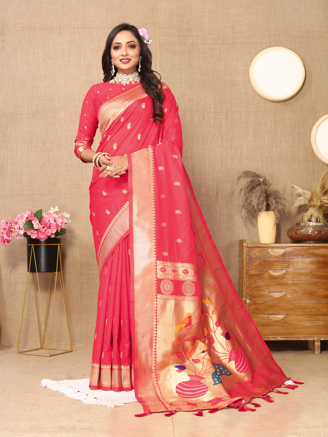 Elegant pink Designer Paithani silk saree with intricate zari and meenakari, perfect for weddings.