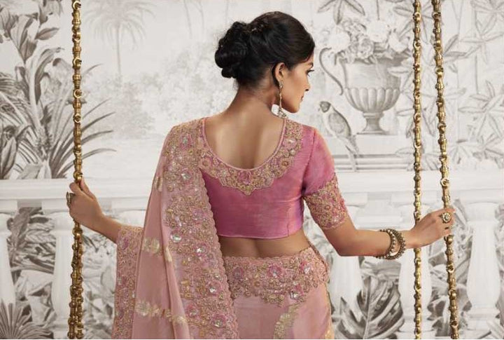 Gorgeous Baby Pink Crush Georgette Saree | Zari Embroidery & Latkan Detail